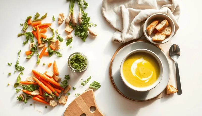 Estetyczna flat lay prezentująca resztki kuchenne i gotowe potrawy zachęcające do kreatywnego gotowania w duchu zero waste.