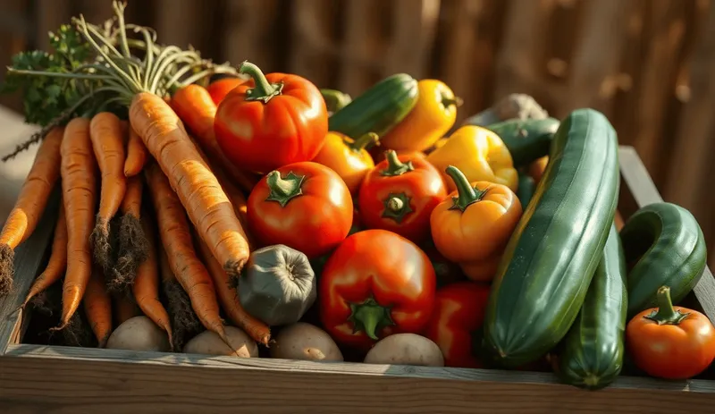 Fotorealistyczne zdjęcie różnorodnych krzywych warzyw i owoców w drewnianej skrzynce podkreślające wartość odżywczą i smak mimo nieregularnych kształtów.